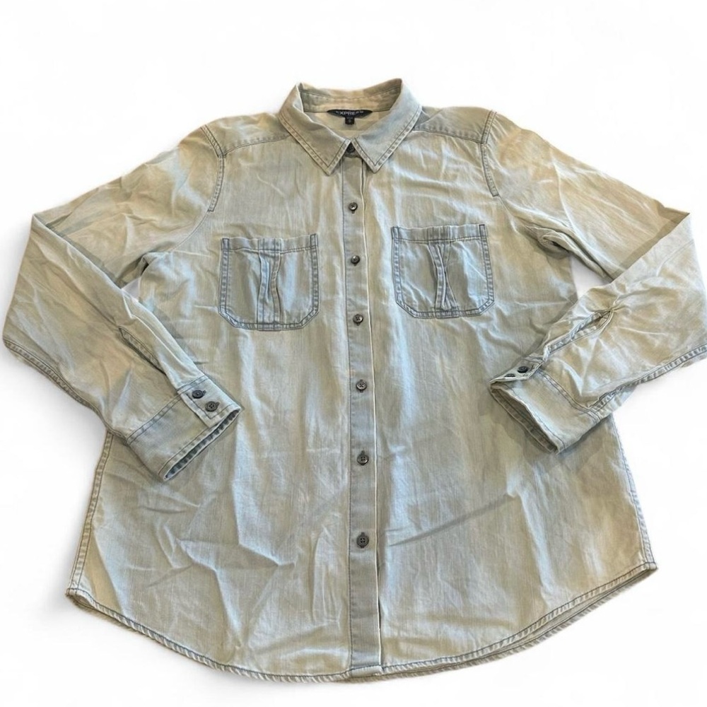 EXPRESS Womens M Jean Faded Denim Boyfriend Button Shirt 100% Cotton Western Y2K